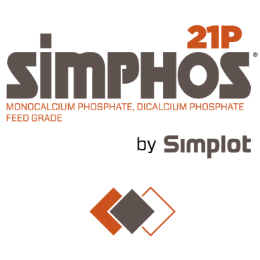 Graphic of two-color Simphos 21P feed grade monocalcium phosphate, dicalcium phosphate logo.
