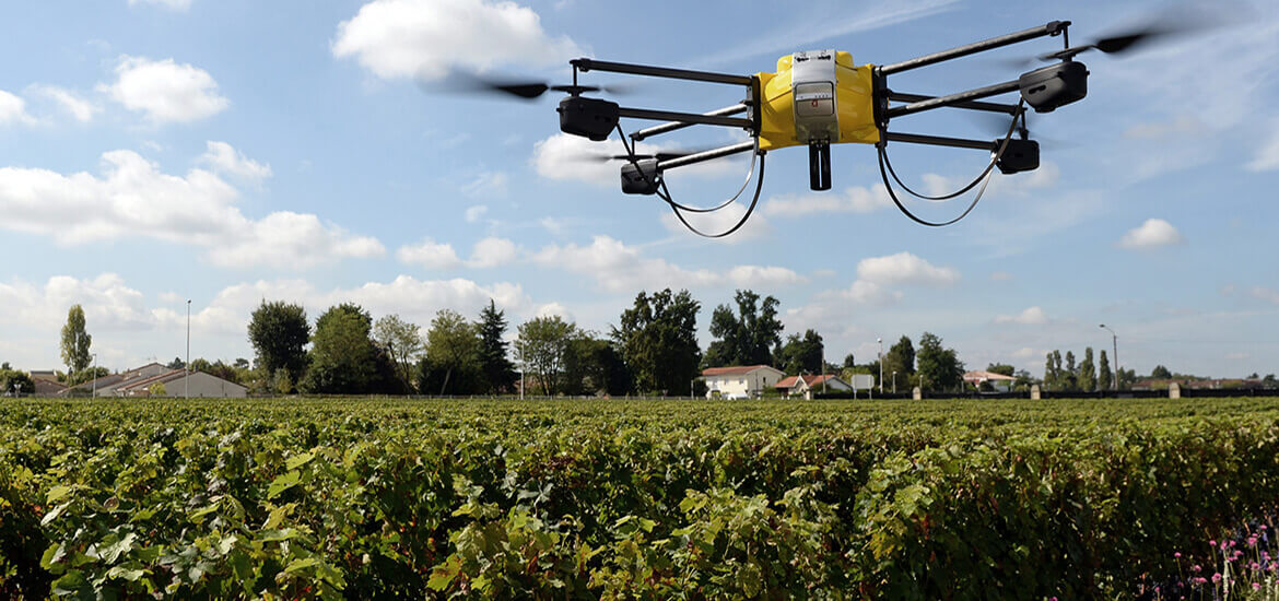 Image of high tech yellow drone flying low over healthy green farm field collecting agronomic data using sensors.