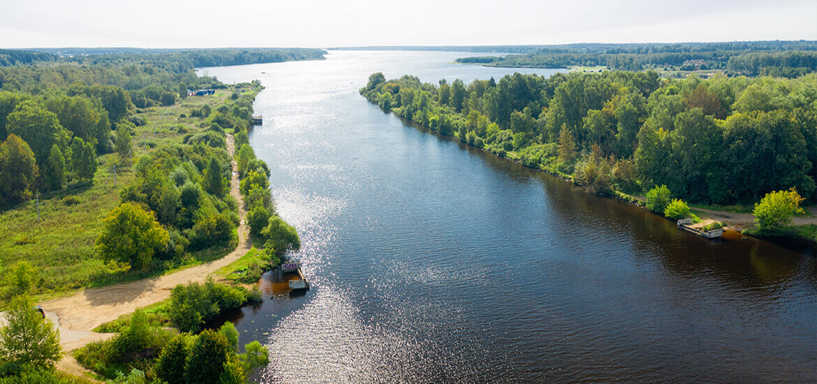 Picture of wide freshwater river with lush green forests on both riverbanks