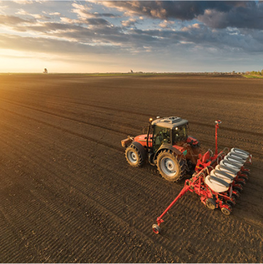 Picture of red tractor planting seeds in plowed field at sunrise.