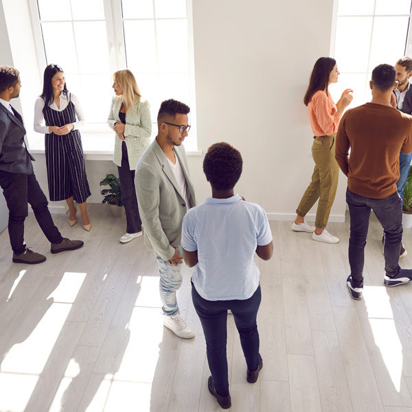 People gathering in a hallway