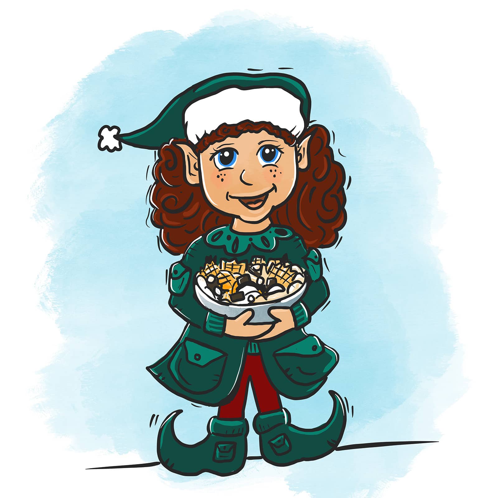 Pixie the elf is eating Fries and Oreo™ Cookie Skillet featuring Conquest® Delivery+™ Clear Coat Lattice Cut Fries
