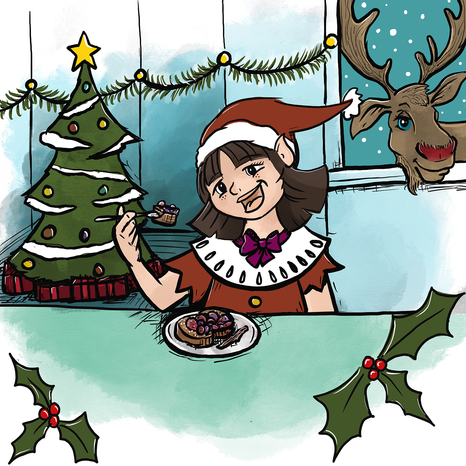 Sugarplum the elf is eating French Toast Bake with Simplot Simple Goodness™ Triple Berry Blend