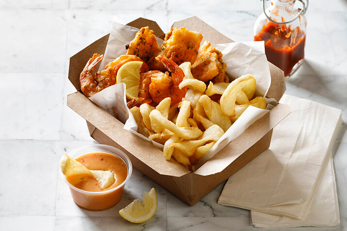 Chips, Fish and Shrimp To Go Combo featuring Simplot SIDEWINDERS™ Fries Junior Cuts