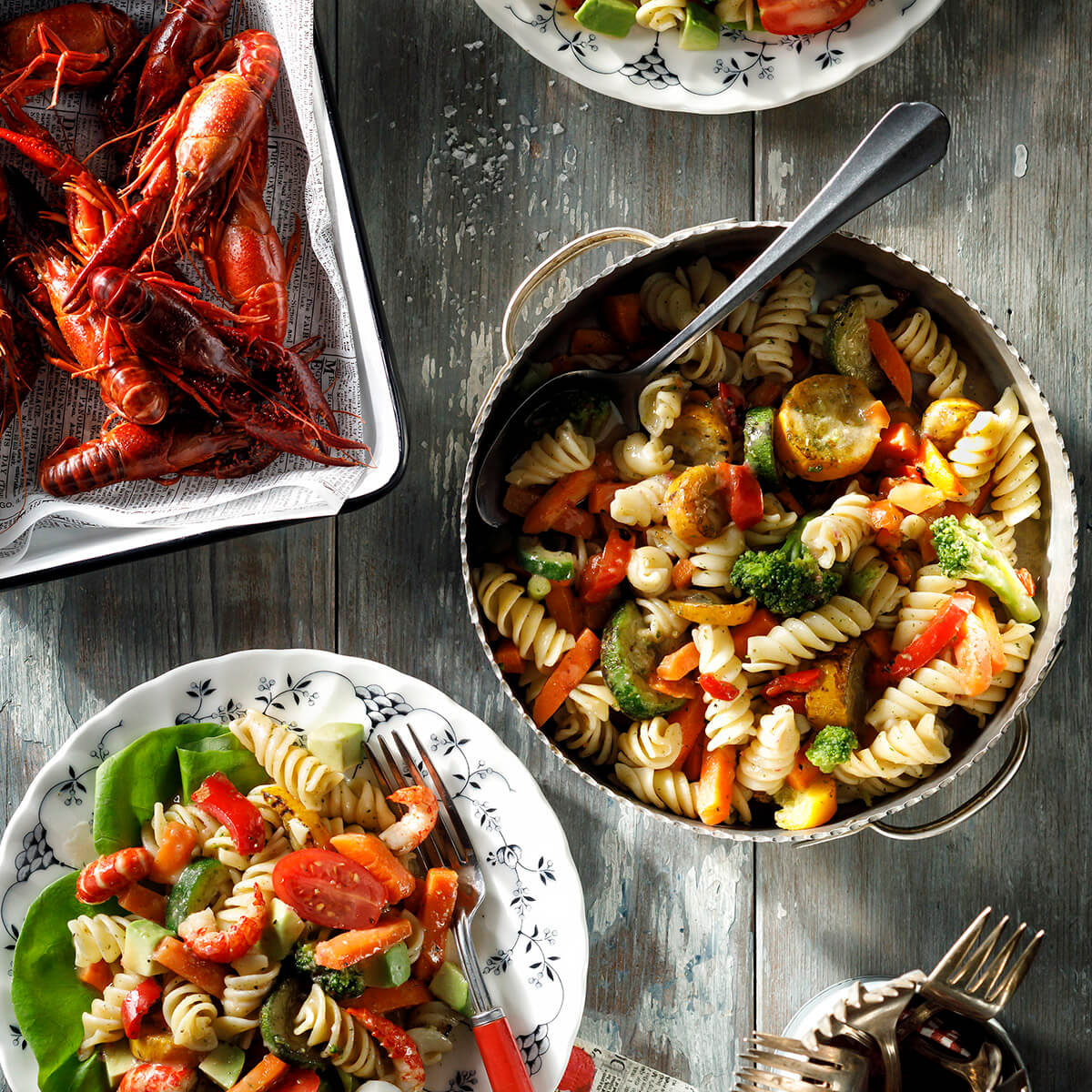 Roasted Vegetables Pasta and Crawfish Salad