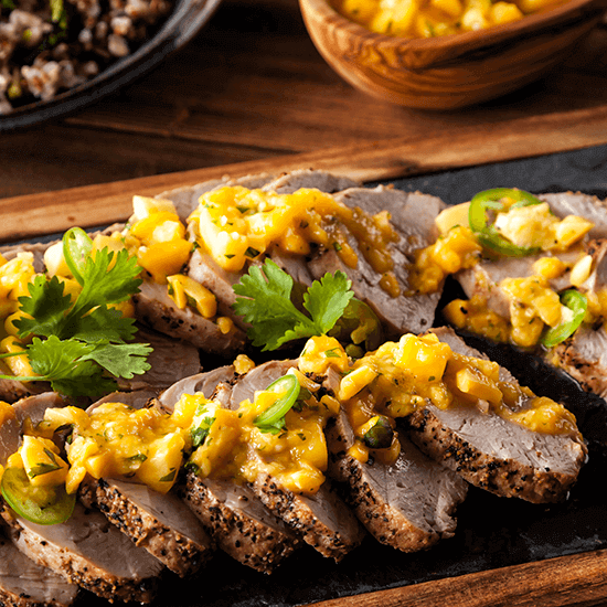 Roasted Pork with Mango Mojo and Ancient Grains Kale