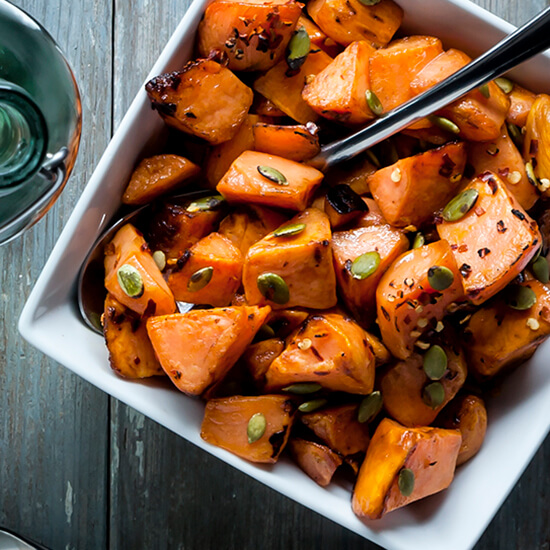 Roasted Maple Sweet Potatoes with Chili Flakes Pumpkin Seeds