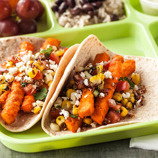 Street Sweet Potato Tacos with Jalapeno Corn Quinoa Pico Guacamole Ranch