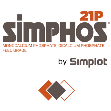 Graphic of two-color Simphos 21P feed grade monocalcium phosphate, dicalcium phosphate logo.