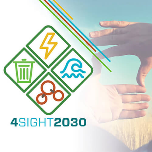 Image of the Simplot 4Sight 2030 sustainability program identity graphic alongside a photo of two hands framing the blue sky above a ripe wheat field ready for harvest.
