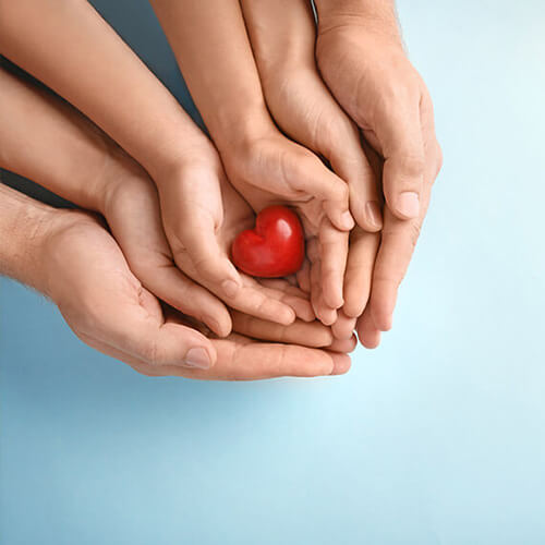 Picture of three pairs of hands cradled within each other - father, mother and child with a red plastic heart in the child's hands.