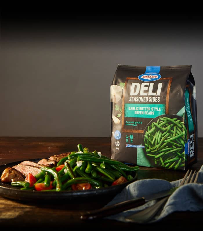 Deli Selects Green Bean Bag + Plate of Food in Photoshoot