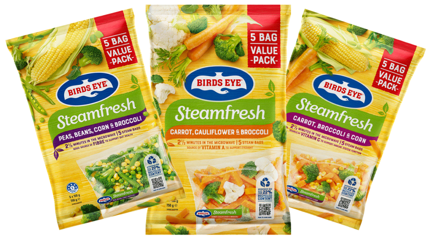 BirdsEye SteamFresh packaging with recycled plastics