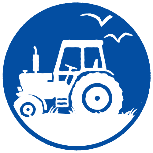 Sustainability icon with blue circle and white tractor