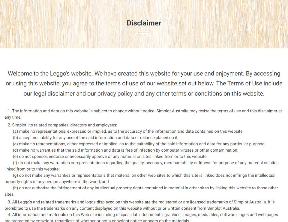 Disclaimer | Leggo's