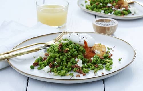 Smashed Peas, Poachie And Bacon Crumb