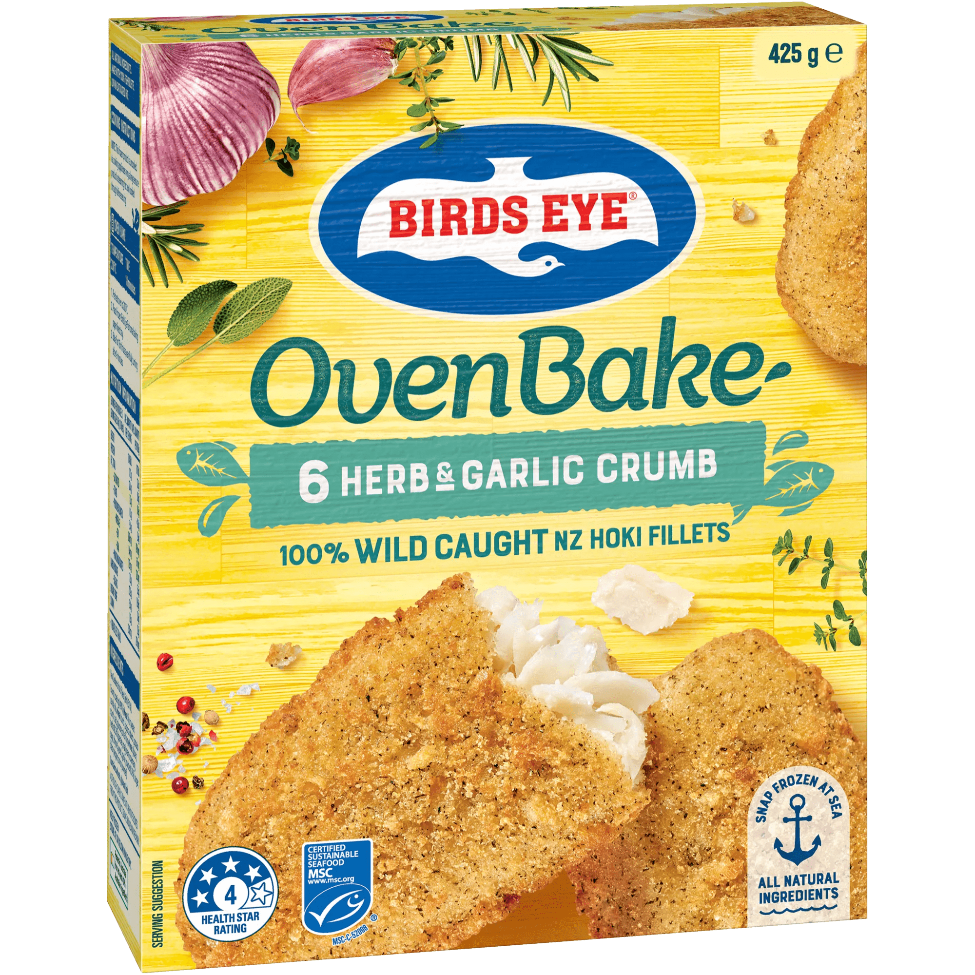 Birds Eye Oven Bake Herb & Garlic 425g Fillets- NZ Hoki labelling