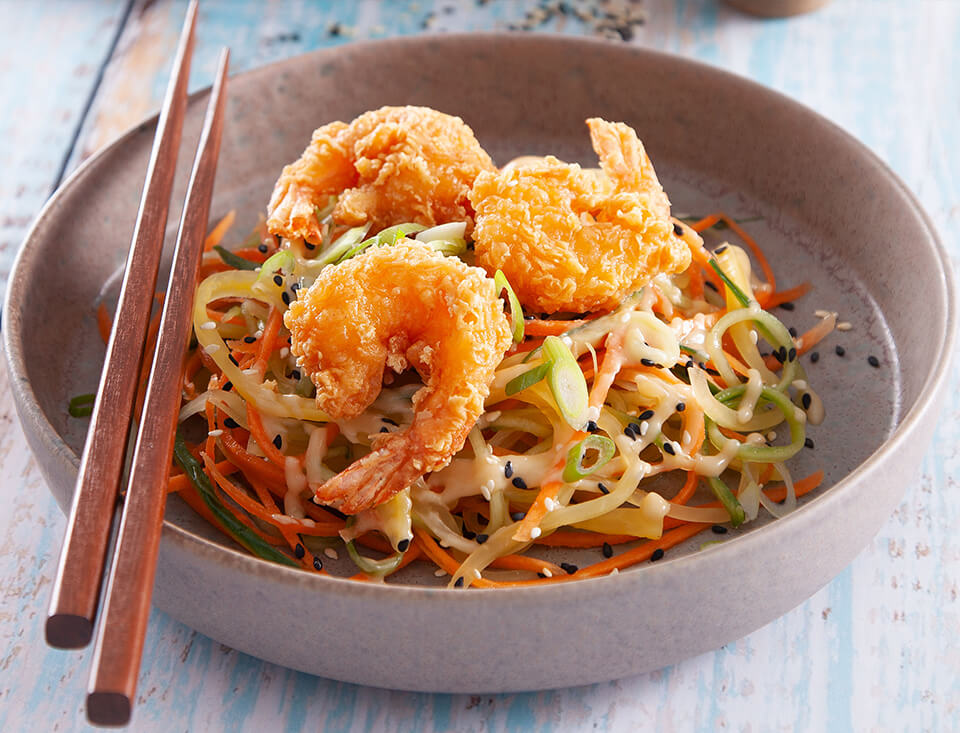 Spicy Prawns with Sesame Cucumber and Carrot-Salad